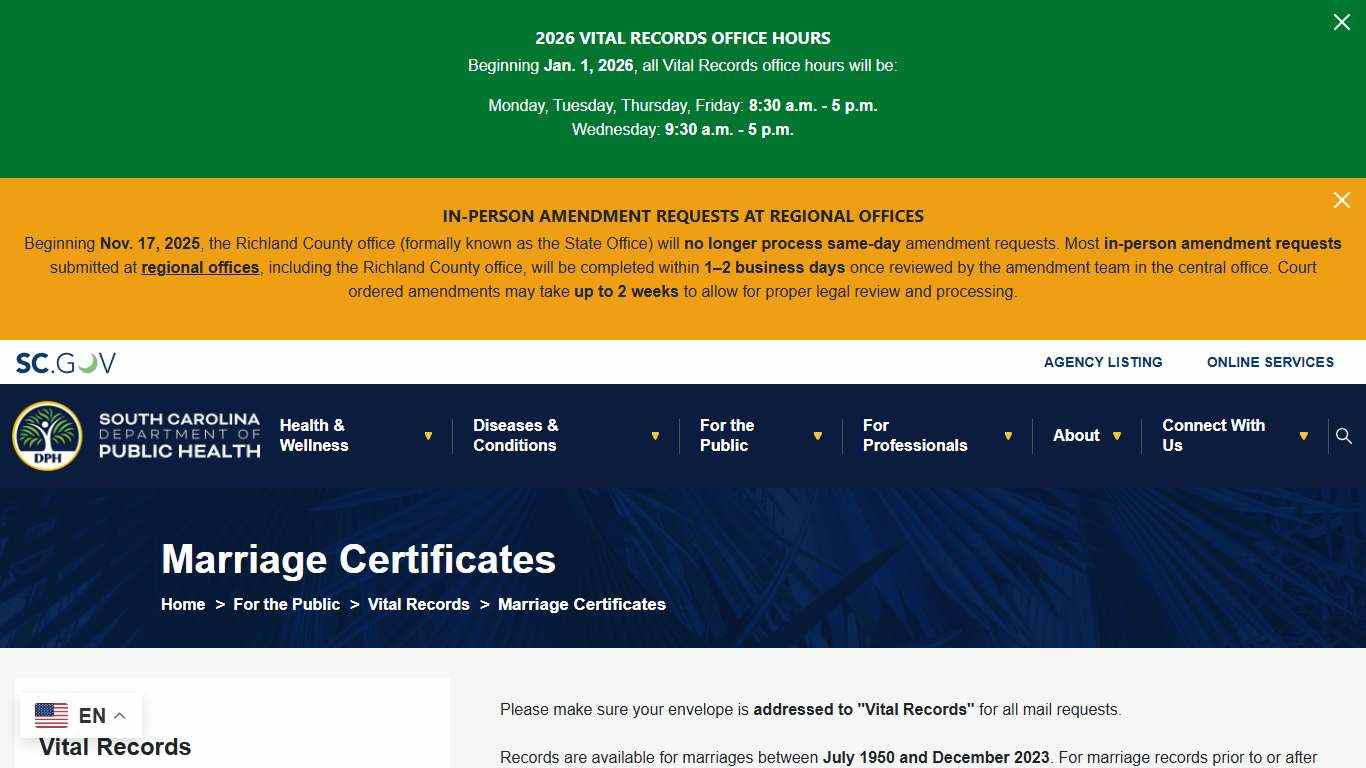 Marriage Certificates | South Carolina Department of Public Health