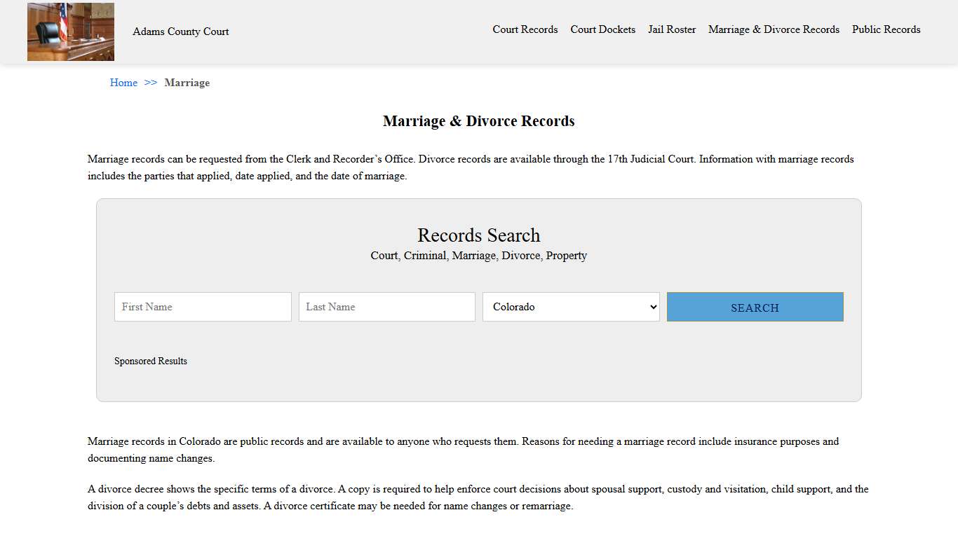 Marriage & Divorce Records | Adams County Court